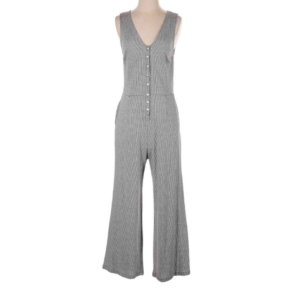 ANTHROPOLOGIE Eri + Ali Gray Check Jumpsuit FLARE LEG Sleeveless V-Neck SZ M